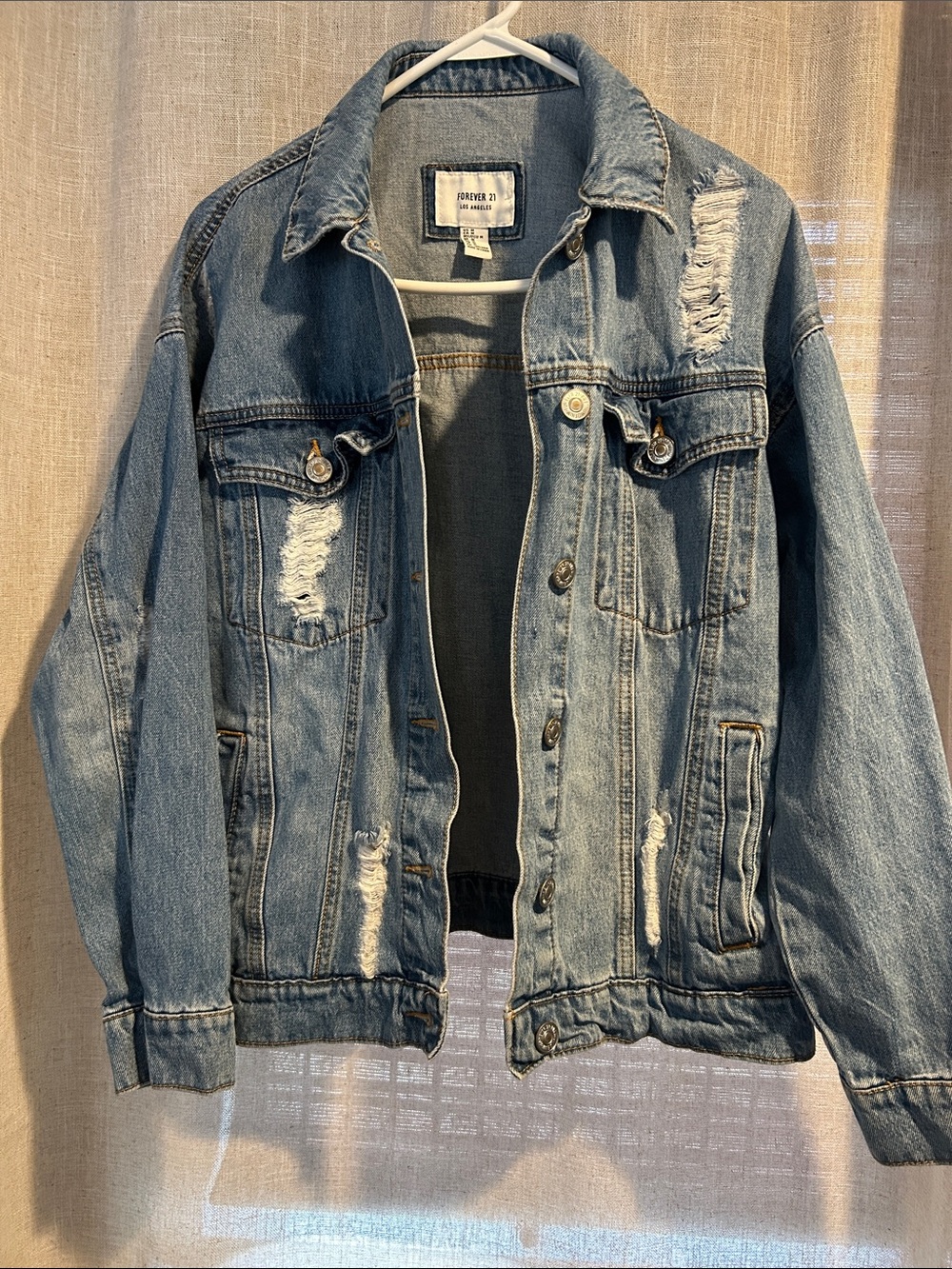 Forever 21 Men's Distressed Light Blue Denim Jacket